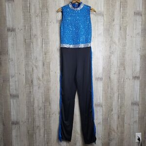 Weissman Dance Jazz Costume. One Piece. Large Adult. Sequins. Blue, Silver Black